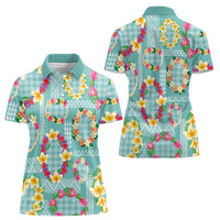 Hawaiian Leis Women Polo Shirt Kakau Tattoos and Palaka Pastel Teal Color