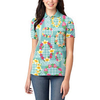 Hawaiian Leis Women Polo Shirt Kakau Tattoos and Palaka Pastel Teal Color
