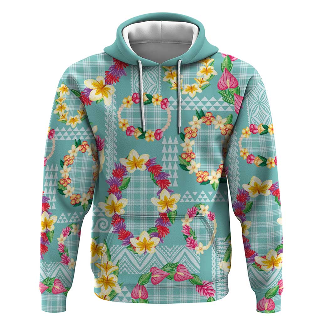 Hawaiian Leis Zip Hoodie Kakau Tattoos and Palaka Pastel Teal Color LT03 Pullover Hoodie Teal - Polynesian Pride
