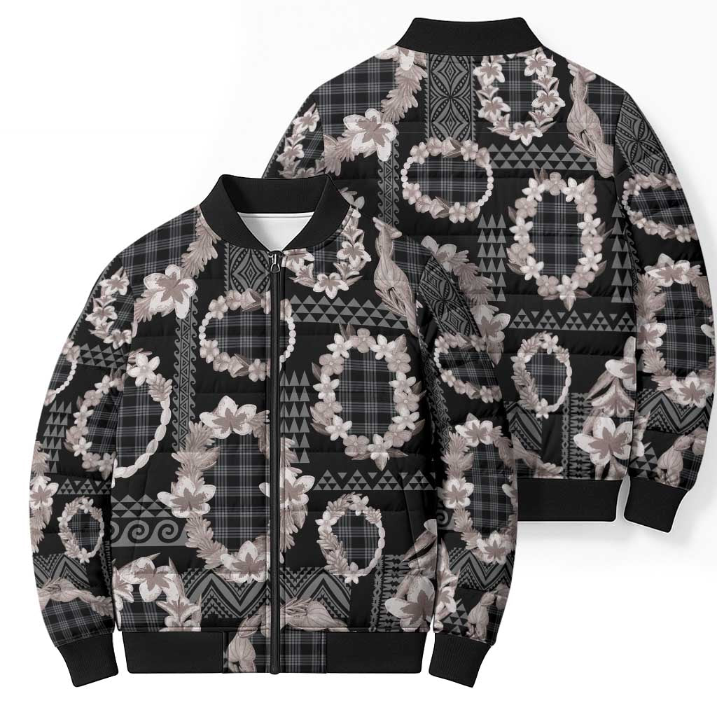Hawaiian Leis Bomber Puffer Jacket Kakau Tattoos and Palaka Pastel Grayscale