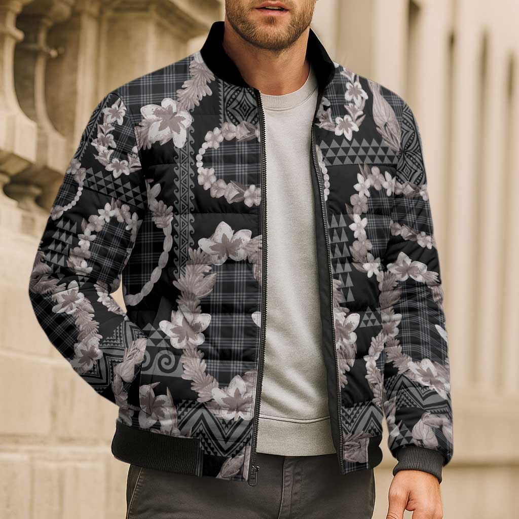 Hawaiian Leis Bomber Puffer Jacket Kakau Tattoos and Palaka Pastel Grayscale