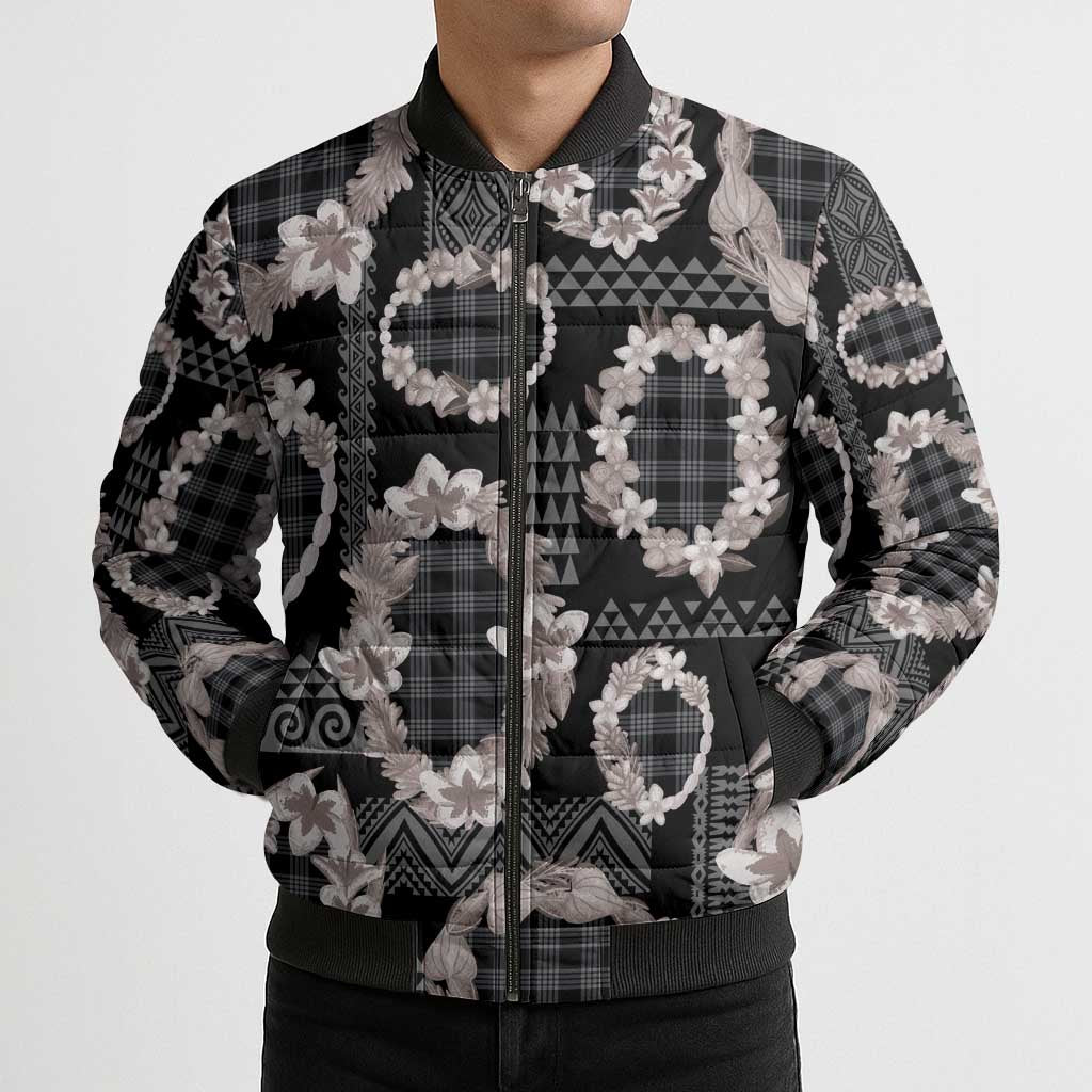 Hawaiian Leis Bomber Puffer Jacket Kakau Tattoos and Palaka Pastel Grayscale