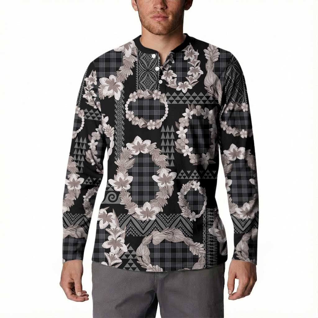 Hawaiian Leis Button Sweatshirt Kakau Tattoos and Palaka Pastel Grayscale