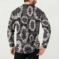 Hawaiian Leis Button Sweatshirt Kakau Tattoos and Palaka Pastel Grayscale