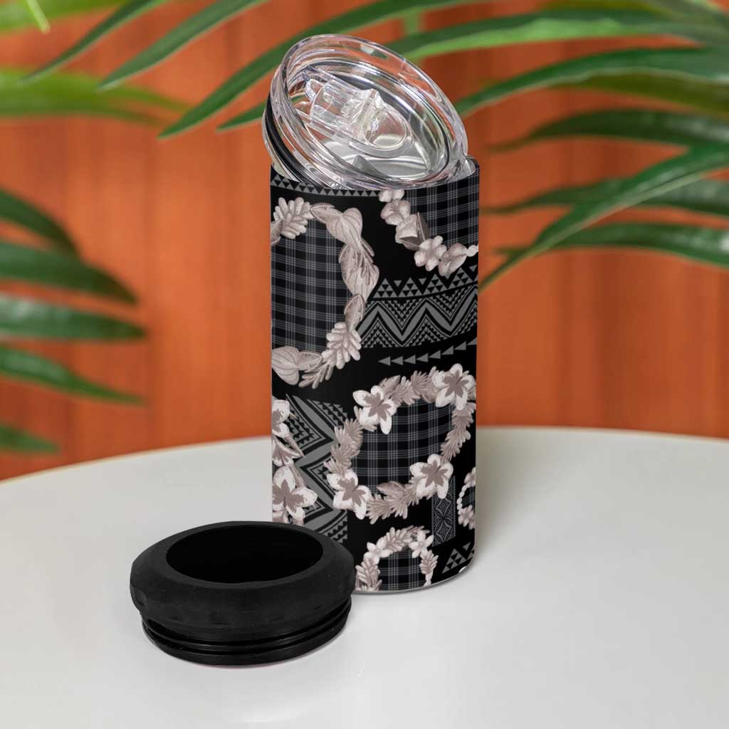 Hawaiian Leis 4 in 1 Can Cooler Tumbler Kakau Tattoos and Palaka Pastel Grayscale