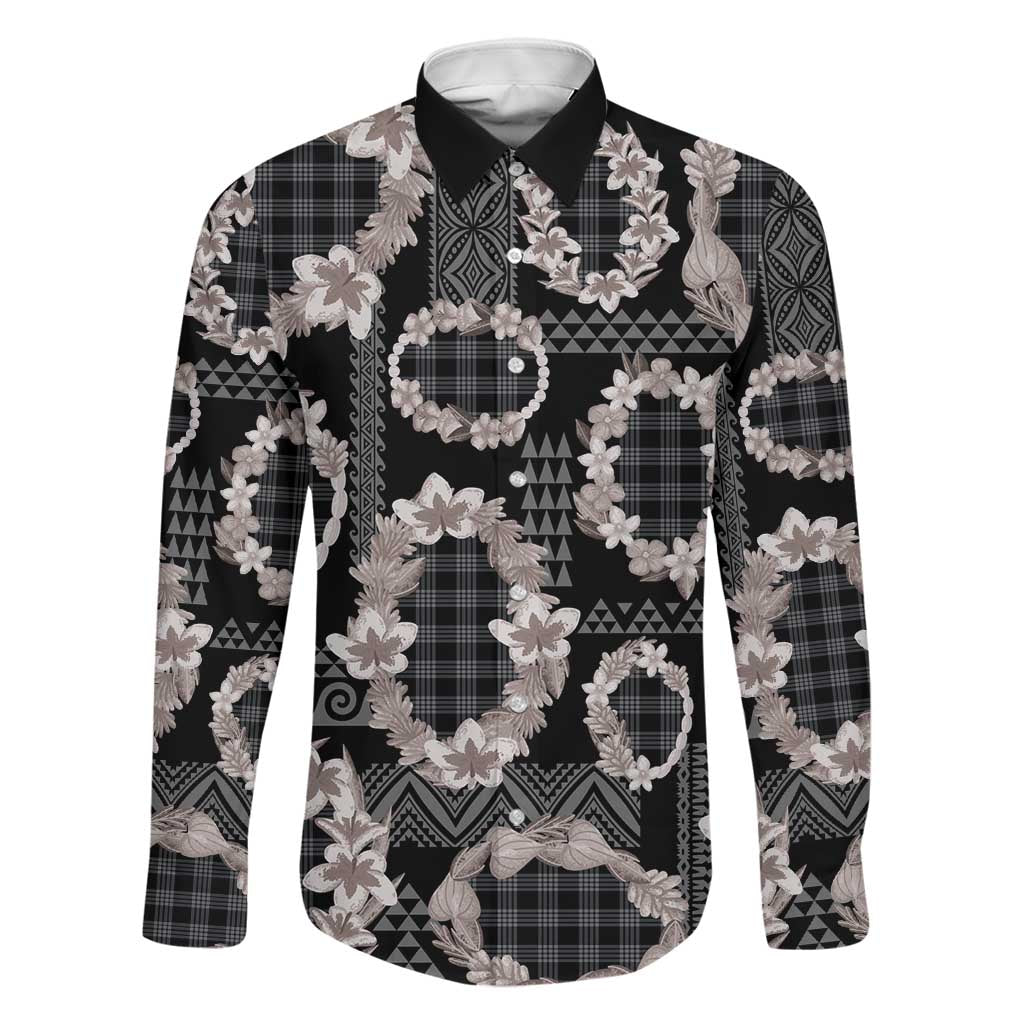 Hawaiian Leis Family Matching Long Sleeve Bodycon Dress and Hawaiian Shirt Kakau Tattoos and Palaka Pastel Grayscale
