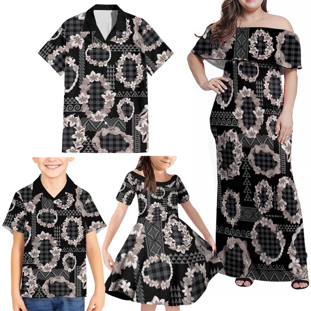 Hawaiian Leis Family Matching Off Shoulder Maxi Dress and Hawaiian Shirt Kakau Tattoos and Palaka Pastel Grayscale