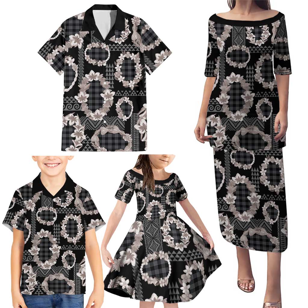 Hawaiian Leis Family Matching Puletasi and Hawaiian Shirt Kakau Tattoos and Palaka Pastel Grayscale