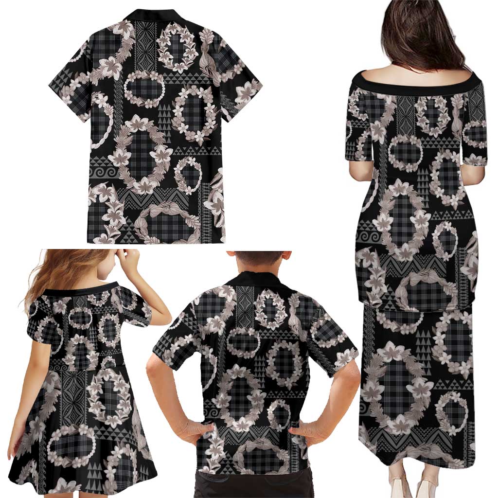 Hawaiian Leis Family Matching Puletasi and Hawaiian Shirt Kakau Tattoos and Palaka Pastel Grayscale