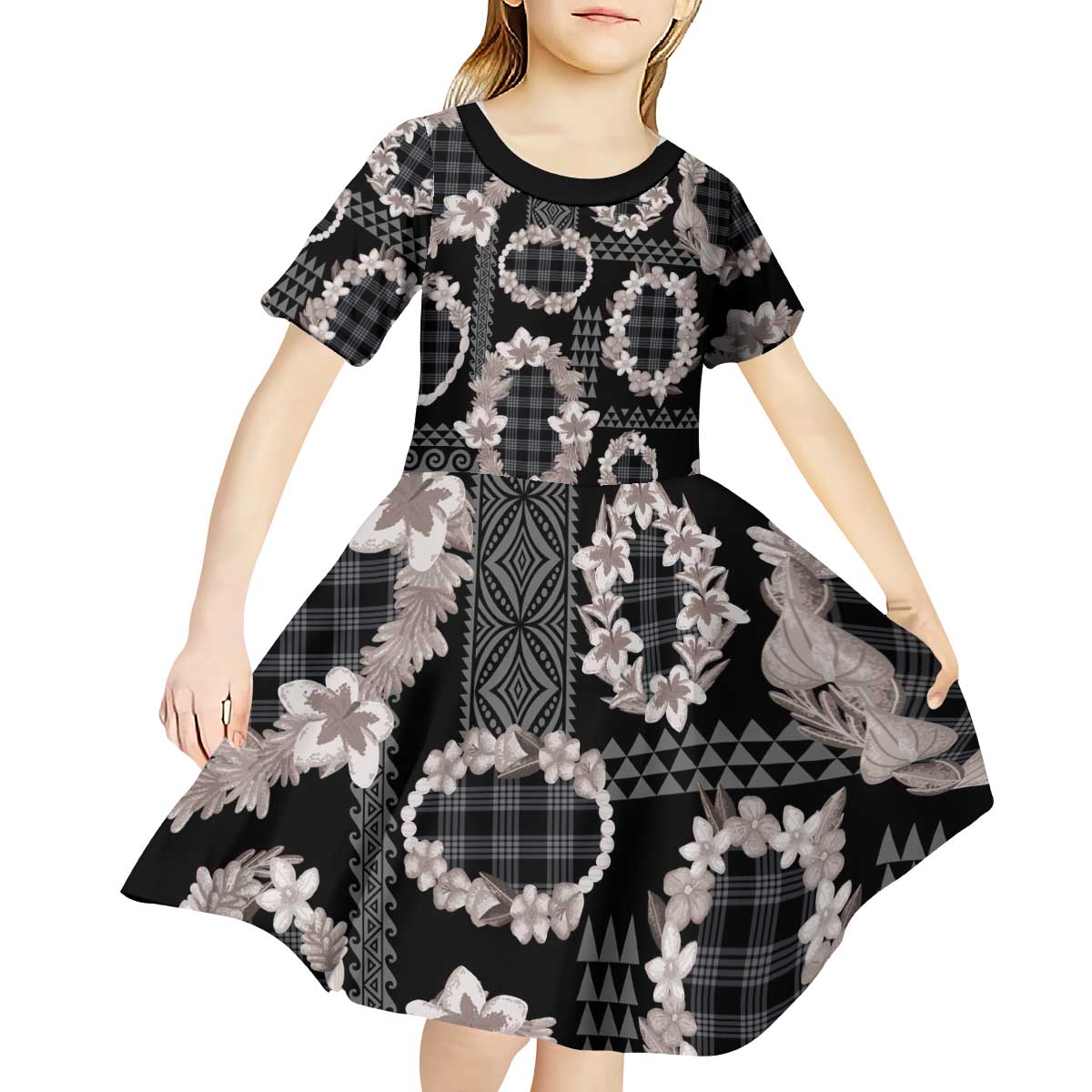 Hawaiian Leis Kid Short Sleeve Dress Kakau Tattoos and Palaka Pastel Grayscale
