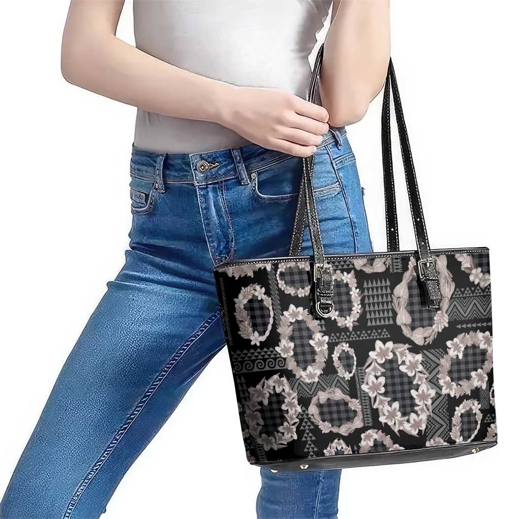 Hawaiian Leis Leather Tote Bag Kakau Tattoos and Palaka Pastel Grayscale