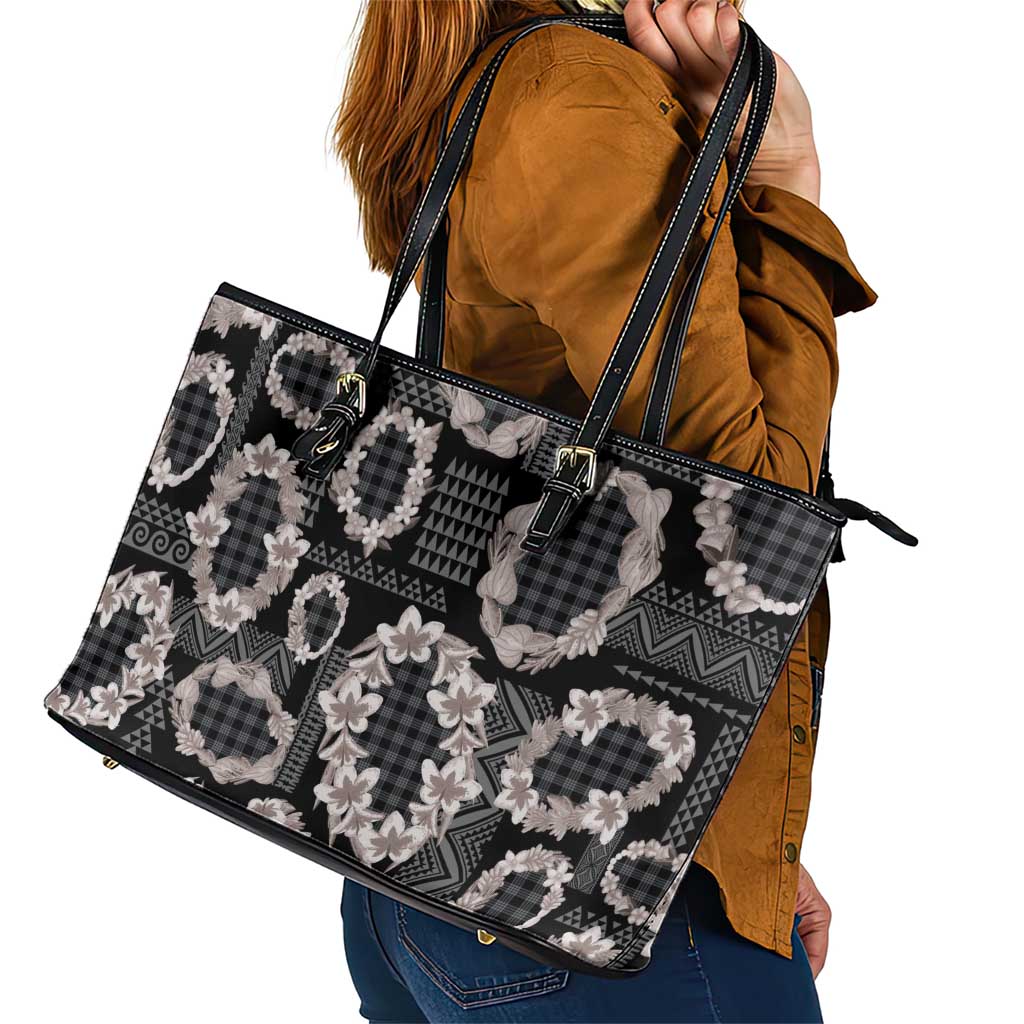 Hawaiian Leis Leather Tote Bag Kakau Tattoos and Palaka Pastel Grayscale