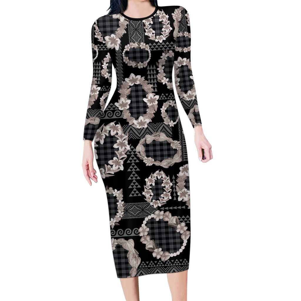 Hawaiian Leis Long Sleeve Bodycon Dress Kakau Tattoos and Palaka Pastel Grayscale LT03 Long Dress Black - Polynesian Pride