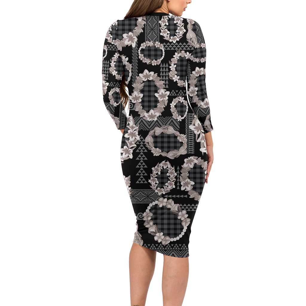 Hawaiian Leis Long Sleeve Bodycon Dress Kakau Tattoos and Palaka Pastel Grayscale LT03 - Polynesian Pride