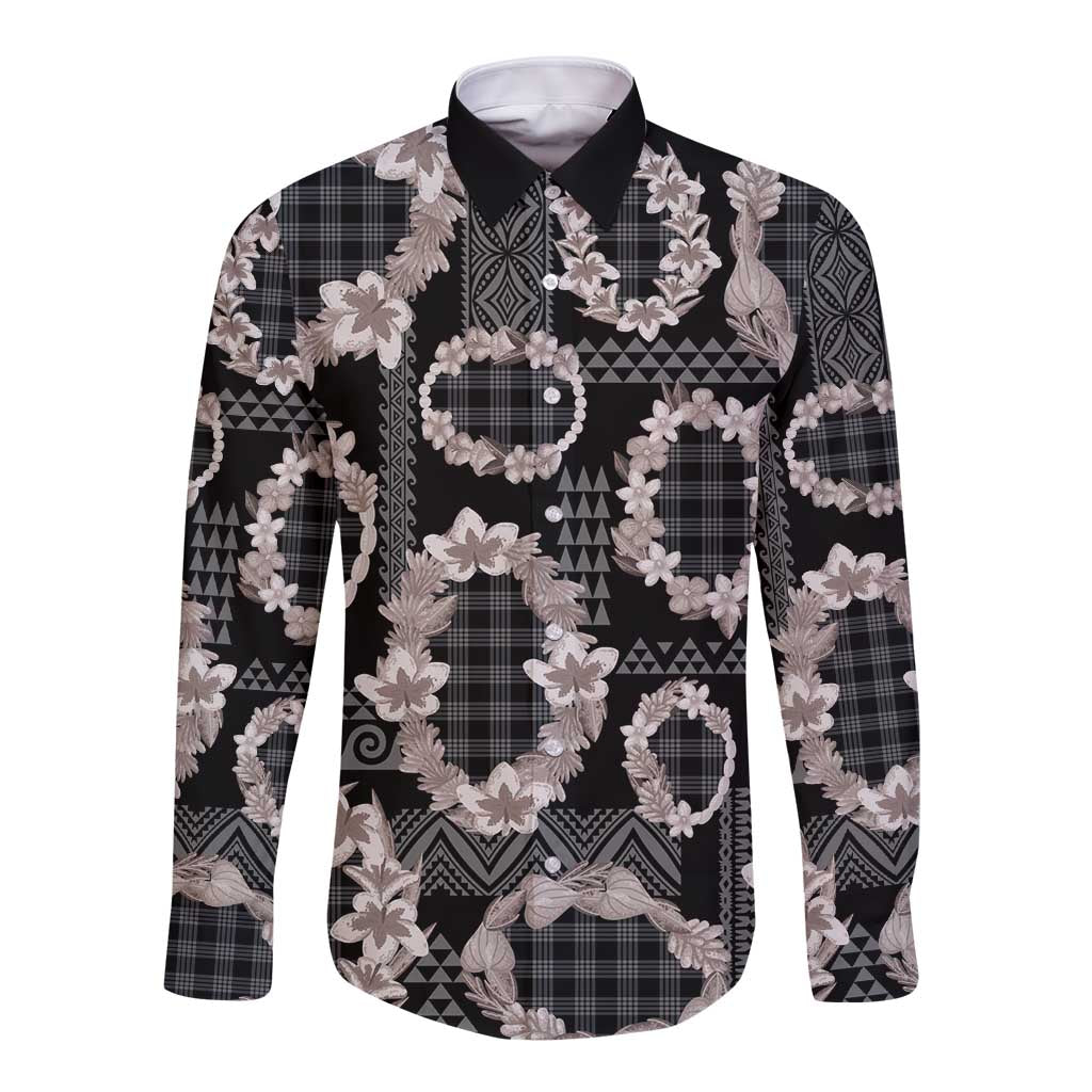 Hawaiian Leis Long Sleeve Button Shirt Kakau Tattoos and Palaka Pastel Grayscale LT03 Unisex Black - Polynesian Pride