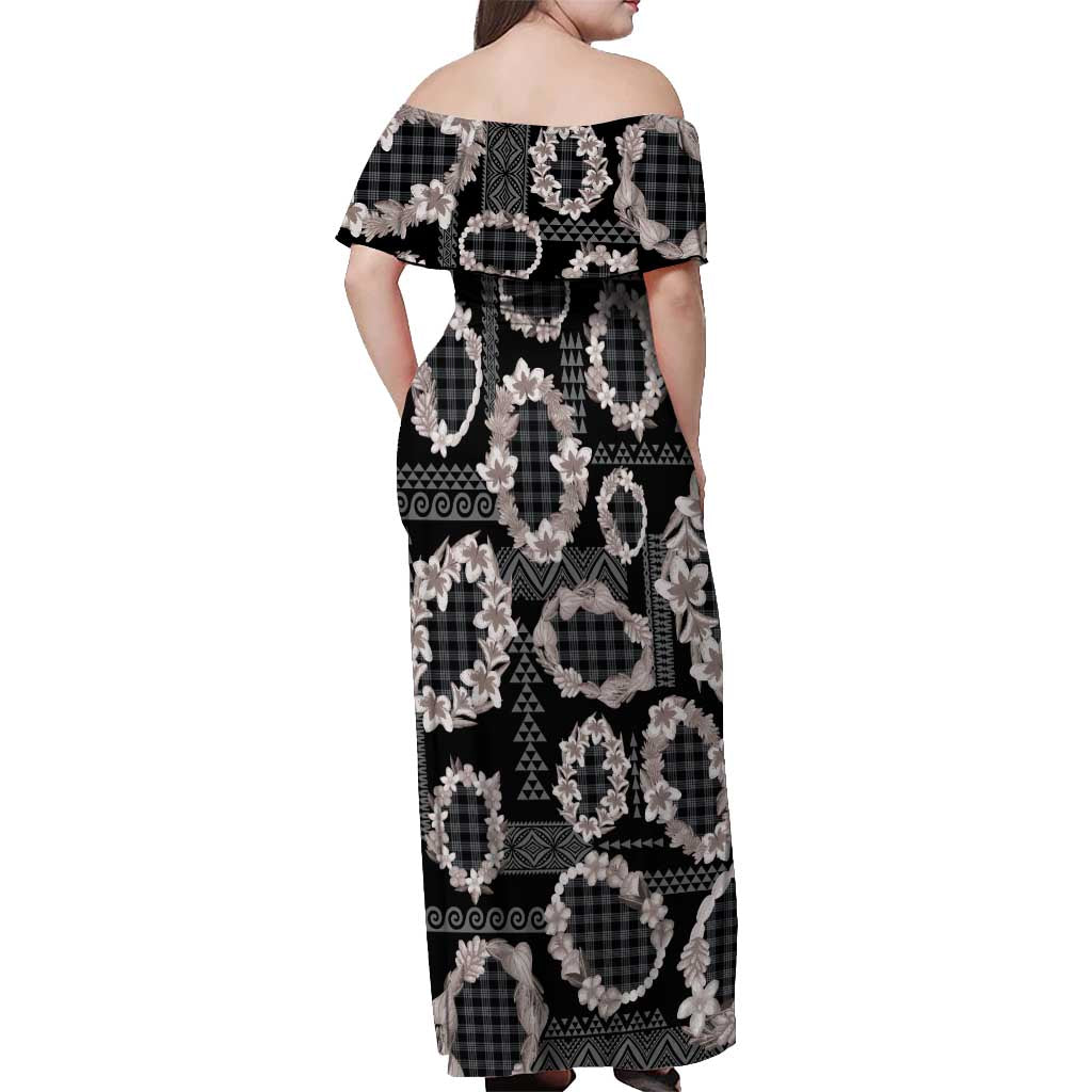Hawaiian Leis Off Shoulder Maxi Dress Kakau Tattoos and Palaka Pastel Grayscale