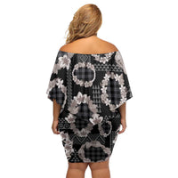 Hawaiian Leis Off Shoulder Short Dress Kakau Tattoos and Palaka Pastel Grayscale