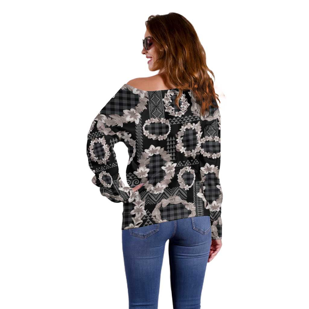 Hawaiian Leis Off Shoulder Sweater Kakau Tattoos and Palaka Pastel Grayscale