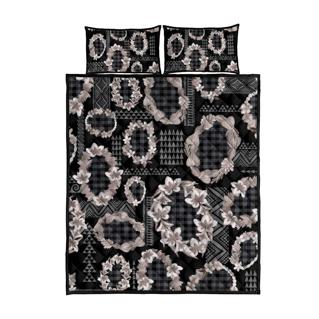Hawaiian Leis Quilt Bed Set Kakau Tattoos and Palaka Pastel Grayscale