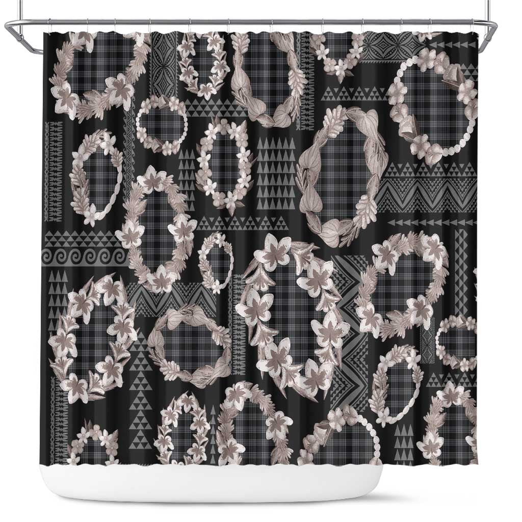 Hawaiian Leis Shower Curtain Kakau Tattoos and Palaka Pastel Grayscale LT03 Black - Polynesian Pride