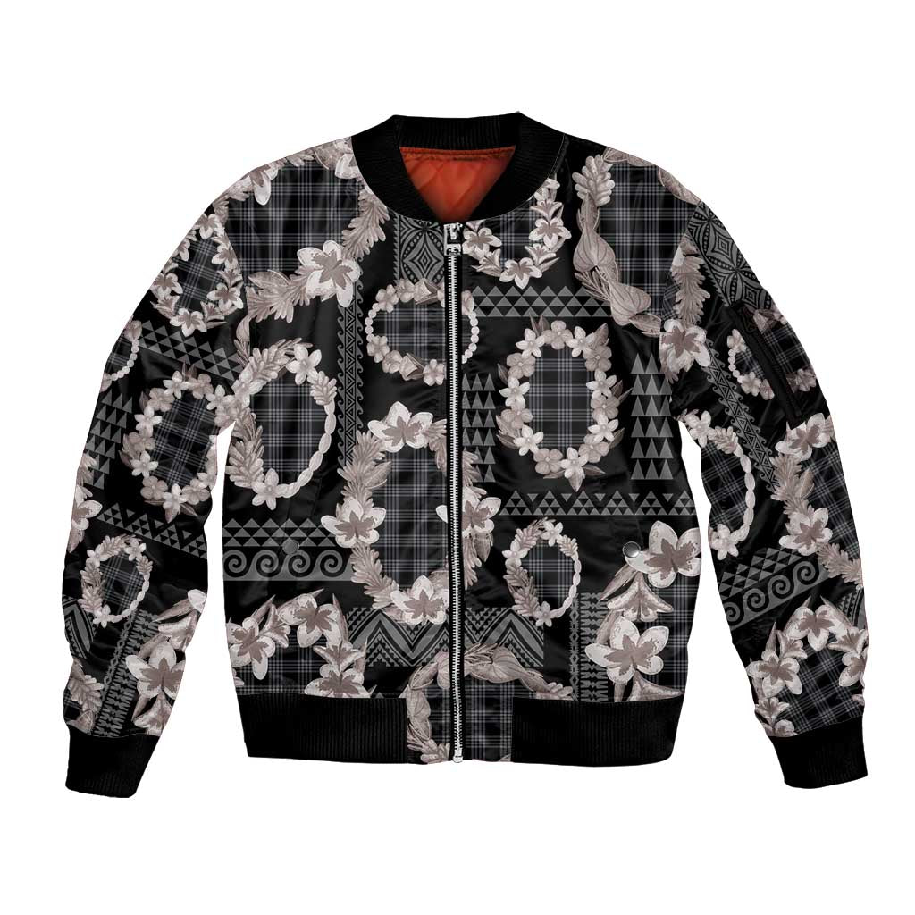 Hawaiian Leis Sleeve Zip Bomber Jacket Kakau Tattoos and Palaka Pastel Grayscale LT03 Unisex Black - Polynesian Pride