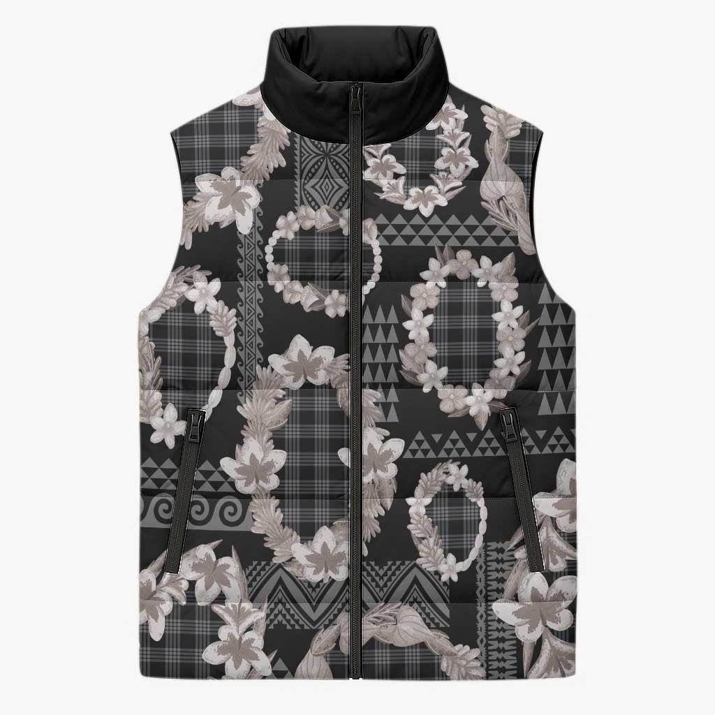 Hawaiian Leis Sleeveless Puffer Jacket Kakau Tattoos and Palaka Pastel Grayscale LT03 Unisex Black - Polynesian Pride