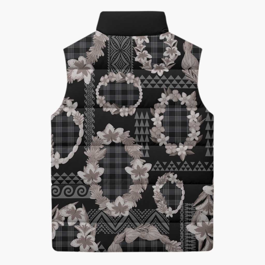 Hawaiian Leis Sleeveless Puffer Jacket Kakau Tattoos and Palaka Pastel Grayscale LT03 - Polynesian Pride