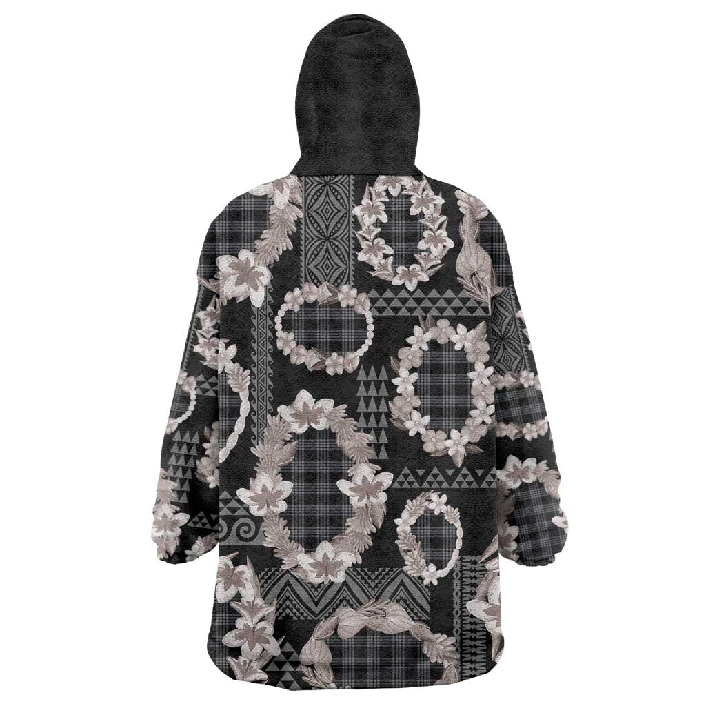 Hawaiian Leis Wearable Blanket Hoodie Kakau Tattoos and Palaka Pastel Grayscale LT03 - Polynesian Pride