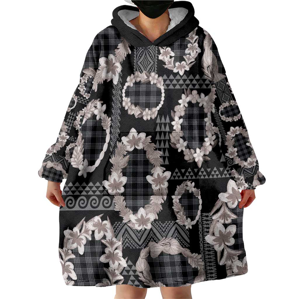 Hawaiian Leis Wearable Blanket Hoodie Kakau Tattoos and Palaka Pastel Grayscale LT03 - Polynesian Pride
