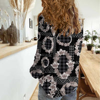 Hawaiian Leis Women Casual Shirt Kakau Tattoos and Palaka Pastel Grayscale