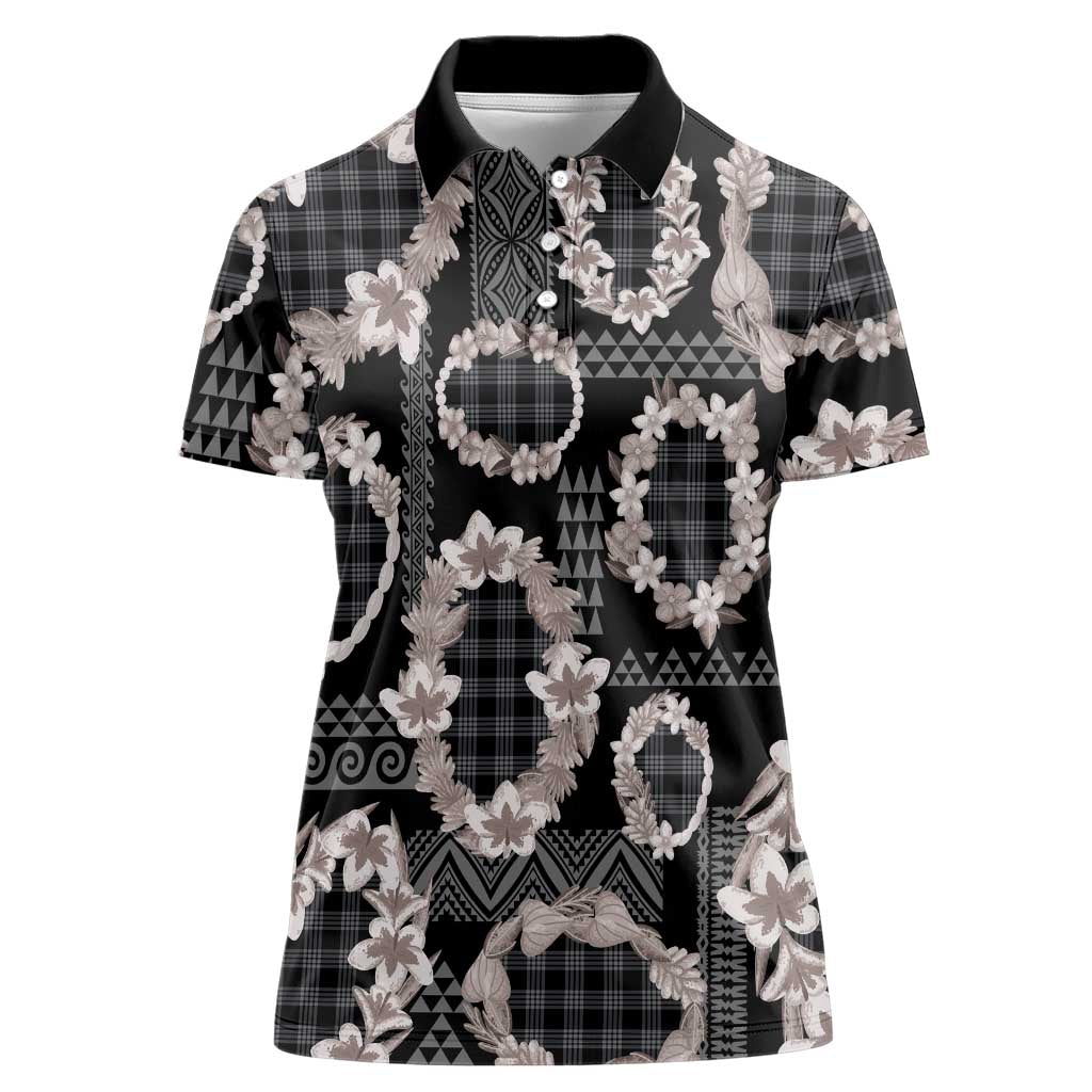 Hawaiian Leis Women Polo Shirt Kakau Tattoos and Palaka Pastel Grayscale LT03 Female Black - Polynesian Pride