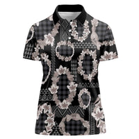 Hawaiian Leis Women Polo Shirt Kakau Tattoos and Palaka Pastel Grayscale LT03 Female Black - Polynesian Pride