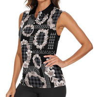 Hawaiian Leis Women Sleeveless Polo Shirt Kakau Tattoos and Palaka Pastel Grayscale