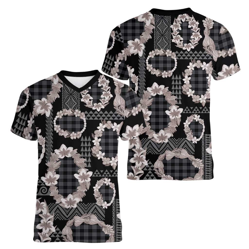 Hawaiian Leis Women V-Neck T-Shirt Kakau Tattoos and Palaka Pastel Grayscale