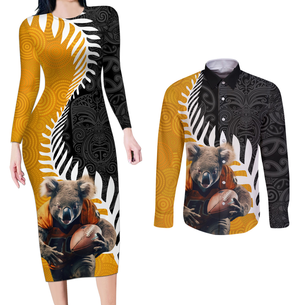 New Zealand and Australia Rugby Couples Matching Long Sleeve Bodycon Dress and Long Sleeve Button Shirt Koala and Maori Warrior Together