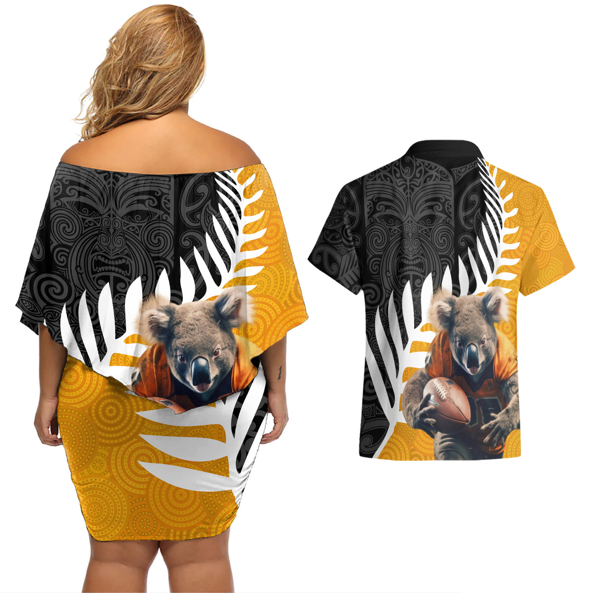 New Zealand and Australia Rugby Couples Matching Off Shoulder Short Dress and Hawaiian Shirt Koala and Maori Warrior Together