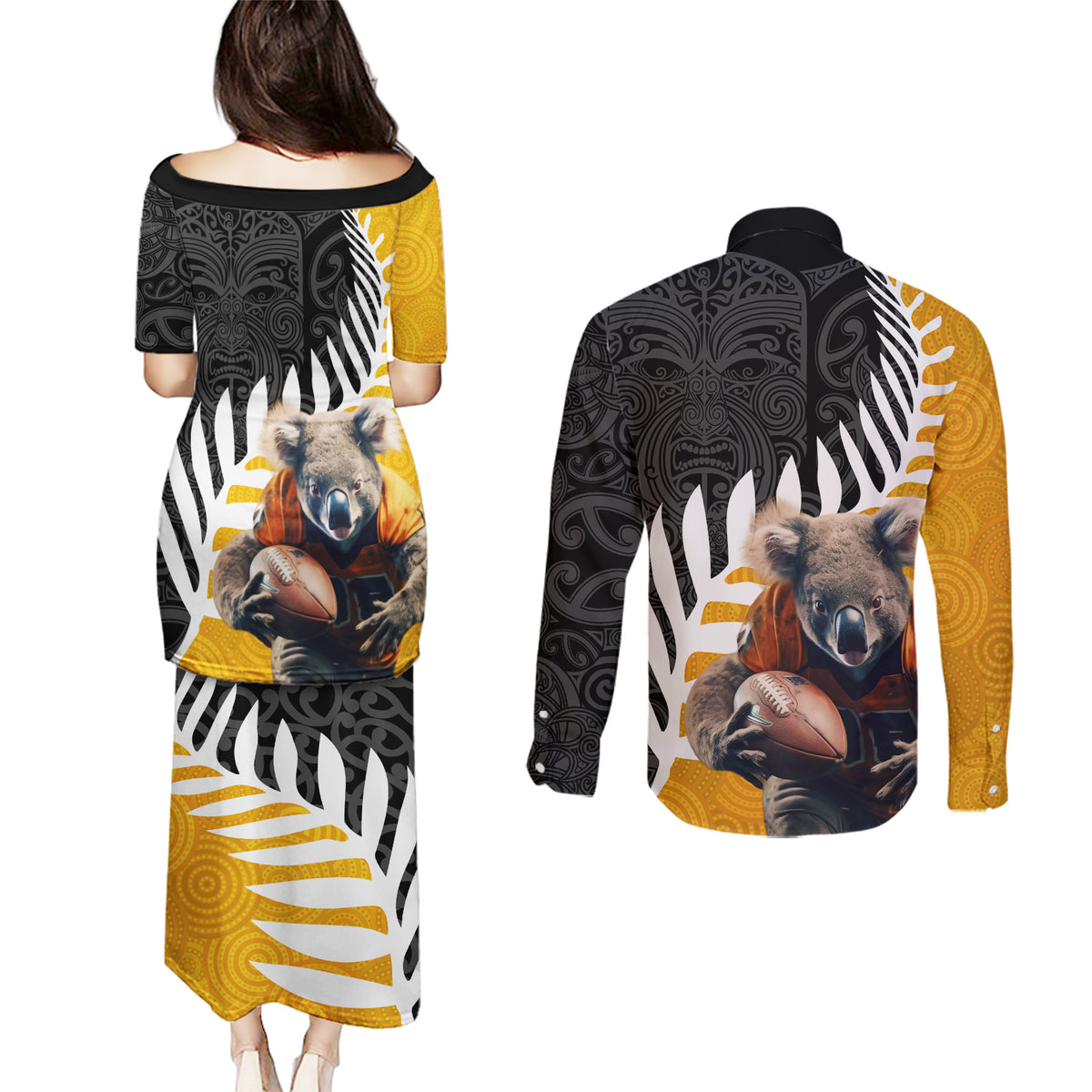 New Zealand and Australia Rugby Couples Matching Puletasi and Long Sleeve Button Shirt Koala and Maori Warrior Together