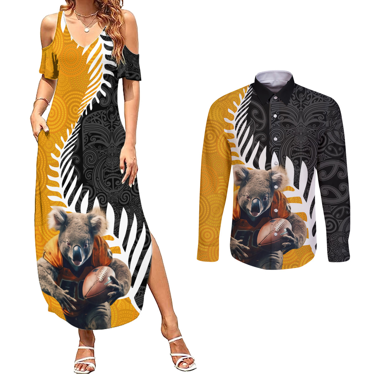 New Zealand and Australia Rugby Couples Matching Summer Maxi Dress and Long Sleeve Button Shirt Koala and Maori Warrior Together
