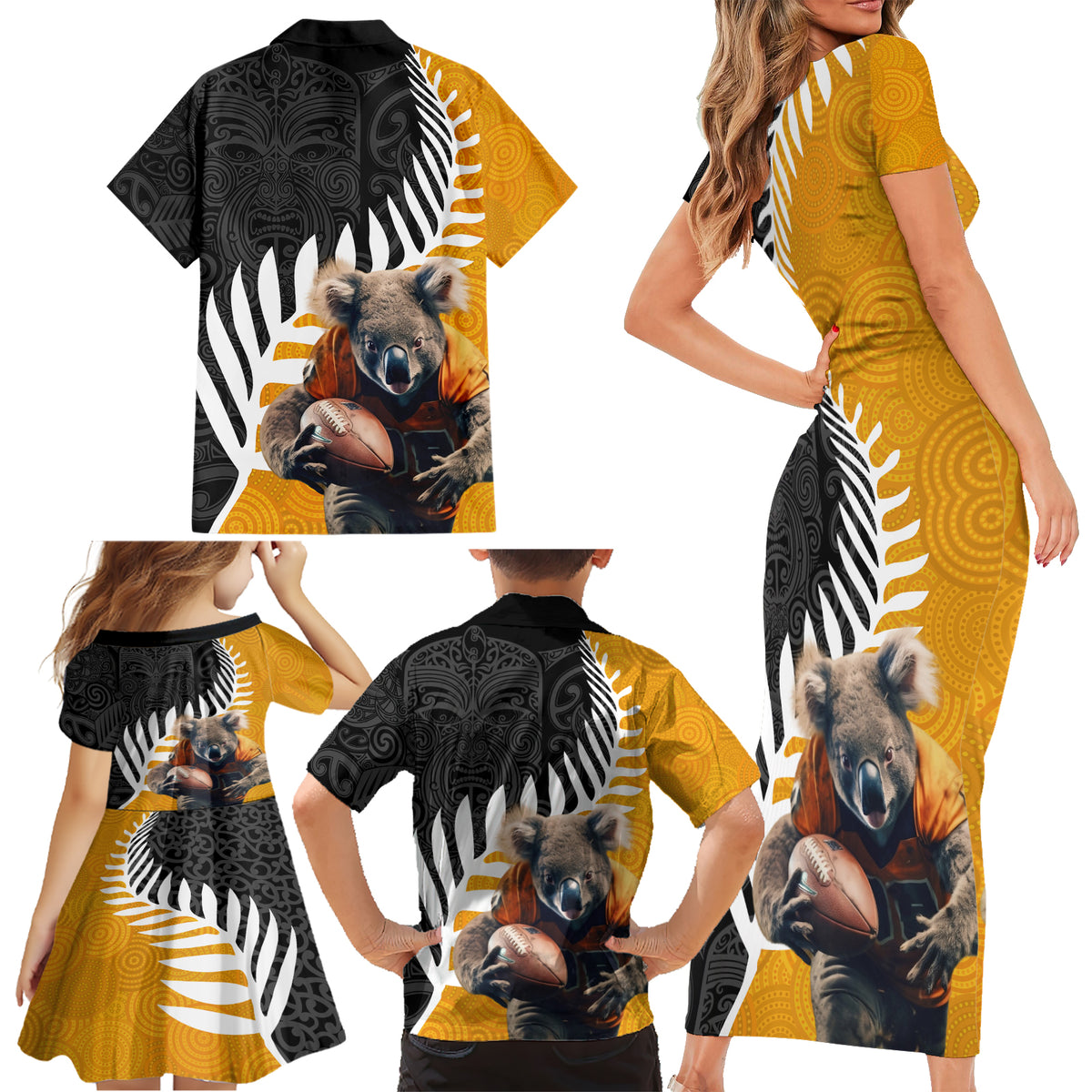 New Zealand and Australia Rugby Family Matching Short Sleeve Bodycon Dress and Hawaiian Shirt Koala and Maori Warrior Together