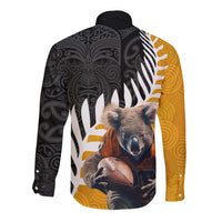 New Zealand and Australia Rugby Long Sleeve Button Shirt Koala and Maori Warrior Together