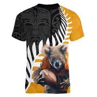 New Zealand and Australia Rugby Women V-Neck T-Shirt Koala and Maori Warrior Together