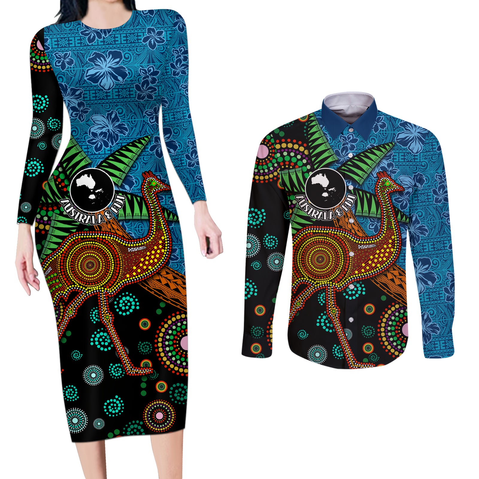 Fiji and Australia Couples Matching Long Sleeve Bodycon Dress and Long Sleeve Button Shirt Palm Tree and Abogirinal Emu