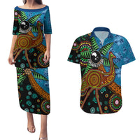 Fiji and Australia Couples Matching Puletasi and Hawaiian Shirt Palm Tree and Abogirinal Emu