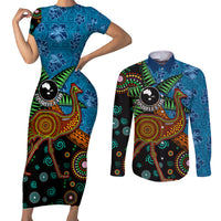 Fiji and Australia Couples Matching Short Sleeve Bodycon Dress and Long Sleeve Button Shirt Palm Tree and Abogirinal Emu