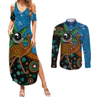 Fiji and Australia Couples Matching Summer Maxi Dress and Long Sleeve Button Shirt Palm Tree and Abogirinal Emu