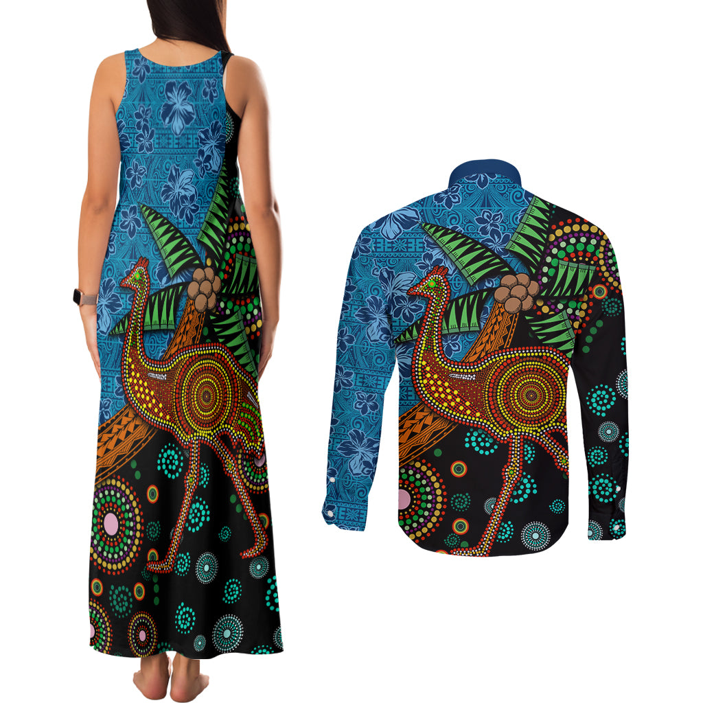 Fiji and Australia Couples Matching Tank Maxi Dress and Long Sleeve Button Shirt Palm Tree and Abogirinal Emu