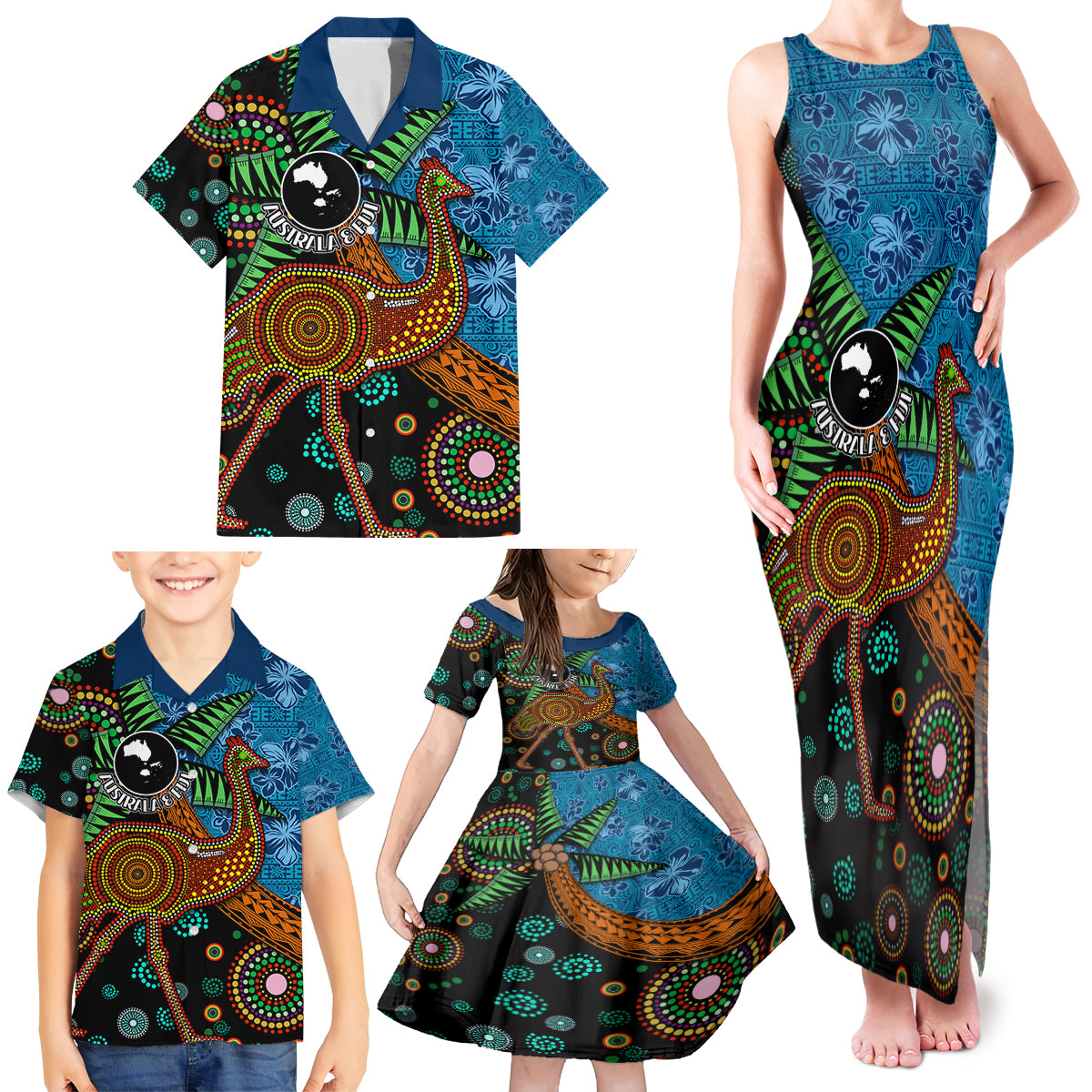Fiji and Australia Family Matching Tank Maxi Dress and Hawaiian Shirt Palm Tree and Abogirinal Emu