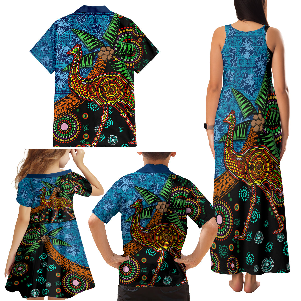 Fiji and Australia Family Matching Tank Maxi Dress and Hawaiian Shirt Palm Tree and Abogirinal Emu