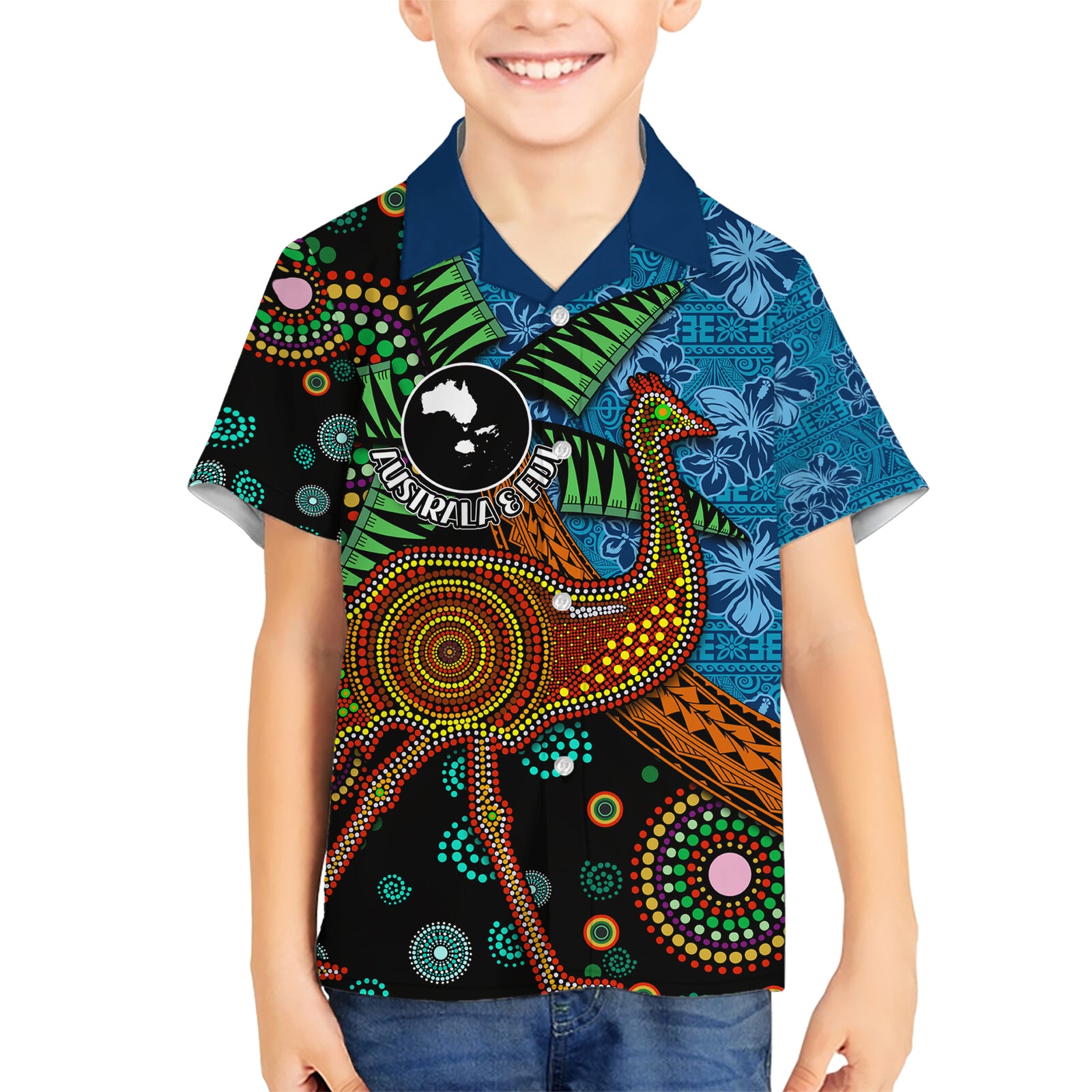Fiji and Australia Kid Hawaiian Shirt Palm Tree and Abogirinal Emu