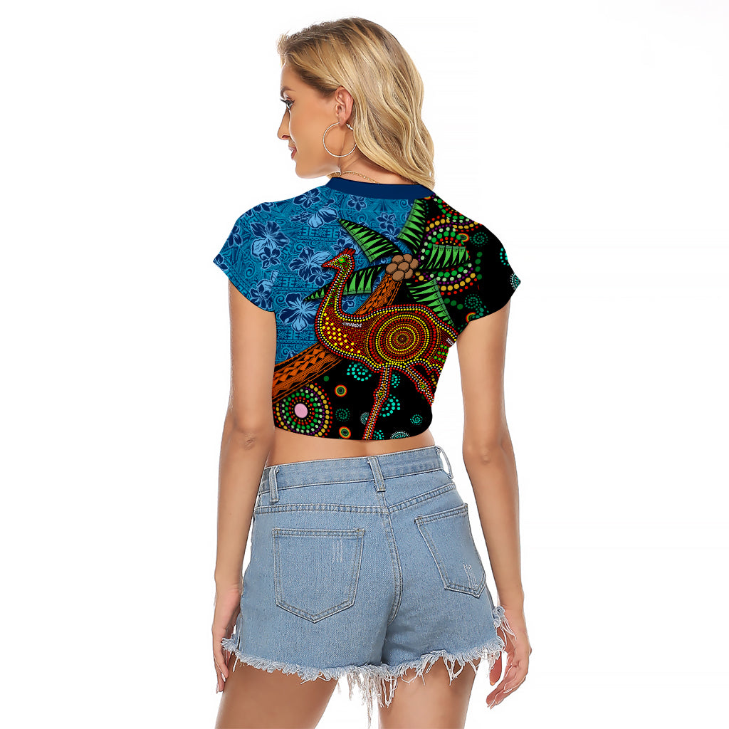 Fiji and Australia Raglan Cropped T Shirt Palm Tree and Abogirinal Emu